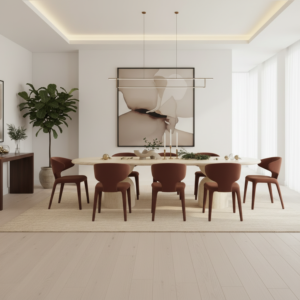 Modern dining room with a long table and chairs, abstract art on the wall, and plants.