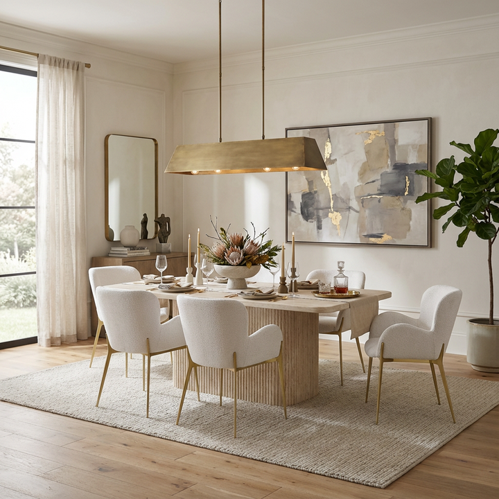 Dining room with a round table and white chairs, featuring a large abstract painting on the wall.