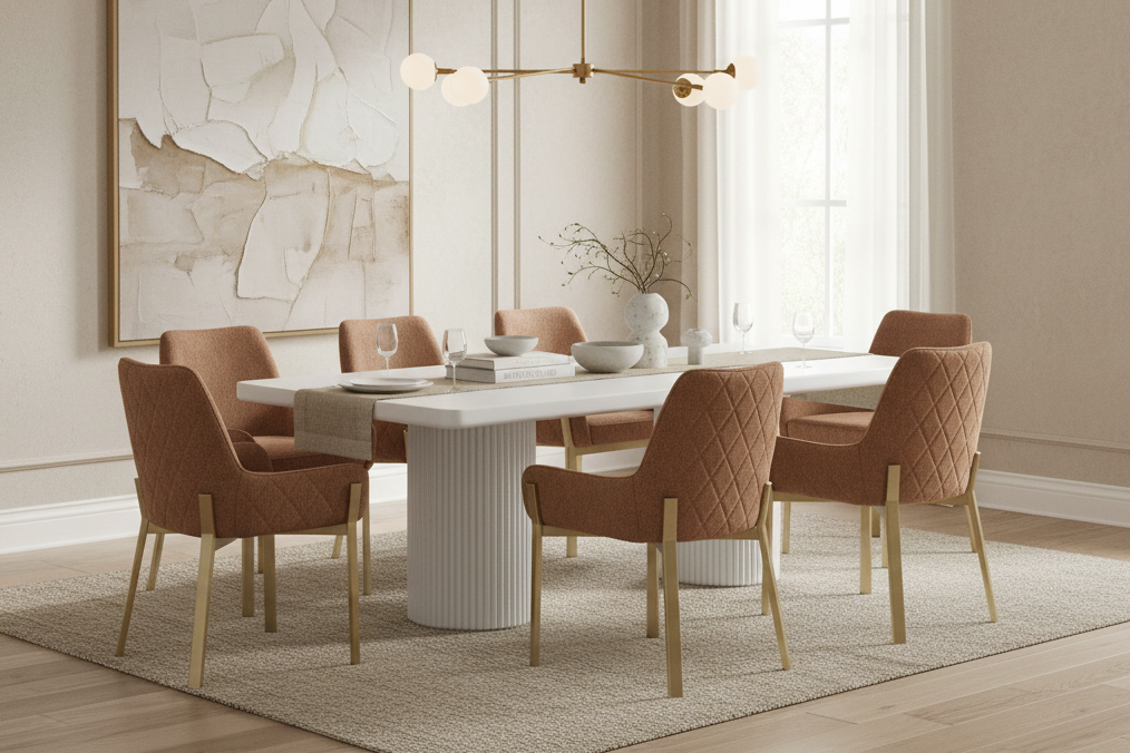 Modern dining room with a white table and brown chairs, featuring a large abstract painting on the wall.