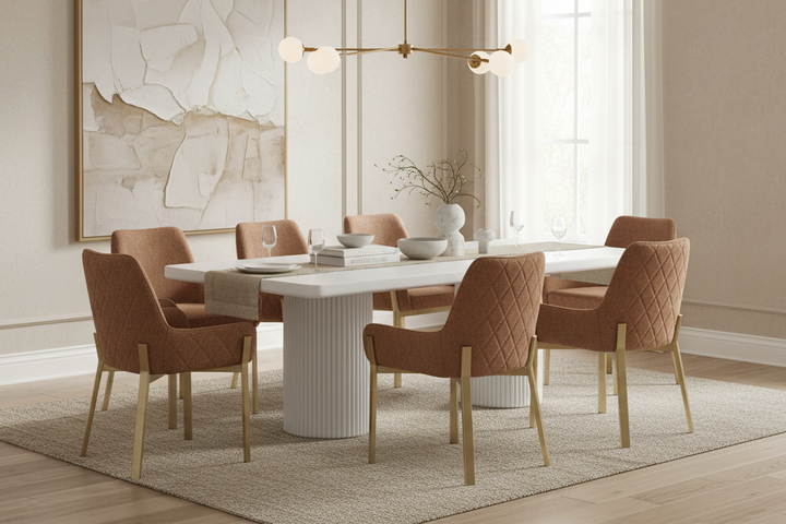 Modern dining room with a white table and brown chairs, featuring a large abstract painting on the wall.