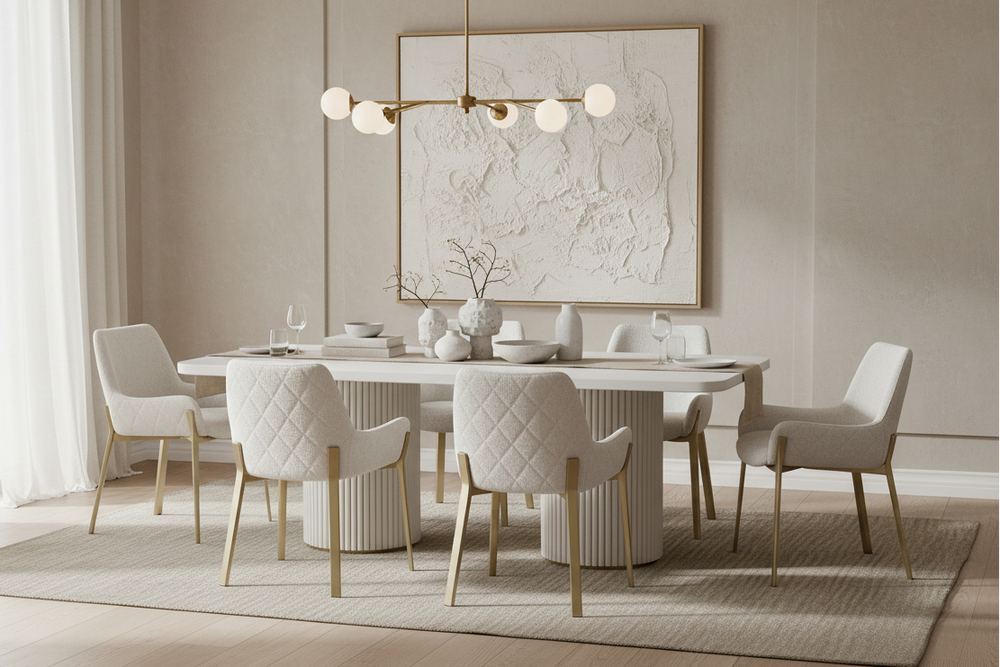 Modern dining room with a round table and chairs, featuring a large framed map on the wall.