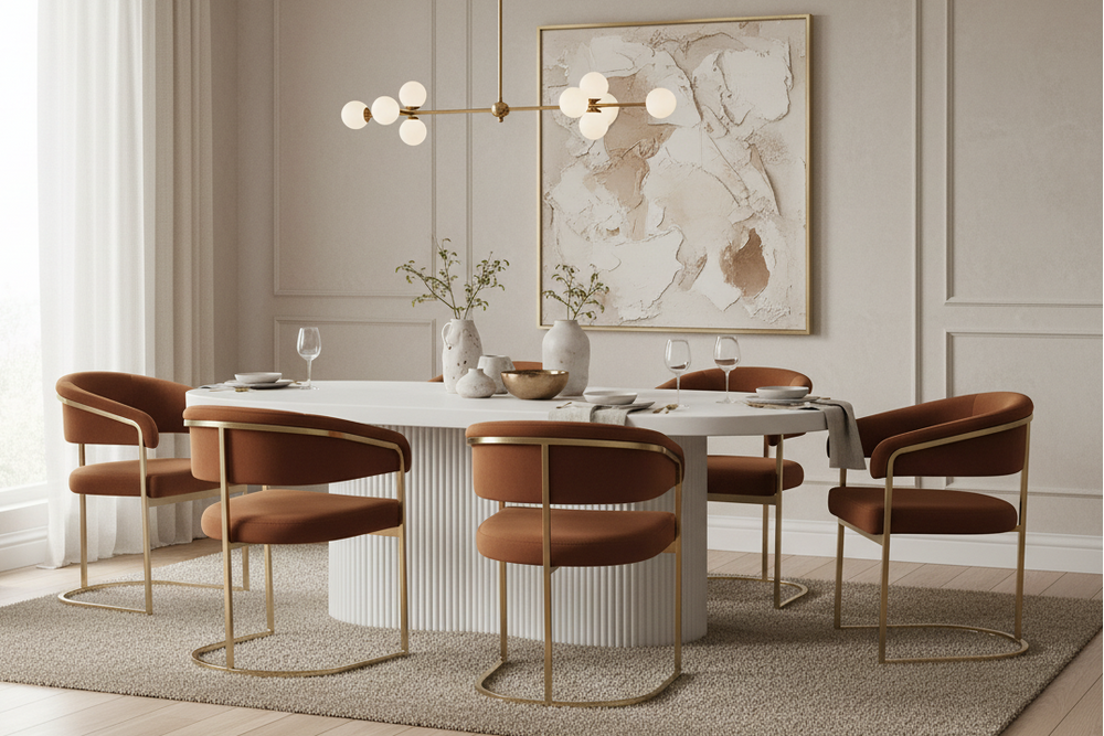 Modern dining room with a white table and brown chairs, featuring a decorative wall art piece.