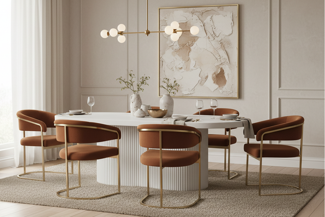 Modern dining room with a white table and brown chairs, featuring a decorative wall art piece.