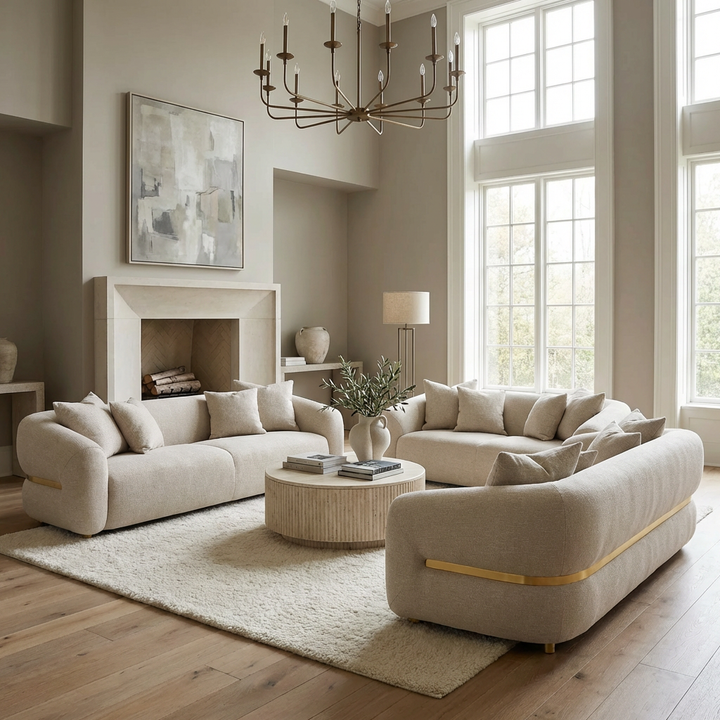 Petra 3 seater sofa with plush fabric upholstery and modern design, shown in a stylish living room setting.