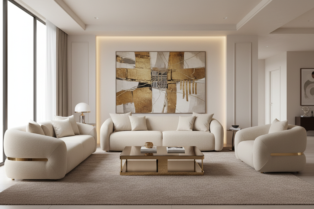 Contemporary Petra 3 Seater Sofa in neutral fabric with plush cushions and sleek wooden legs, ideal for modern living rooms.