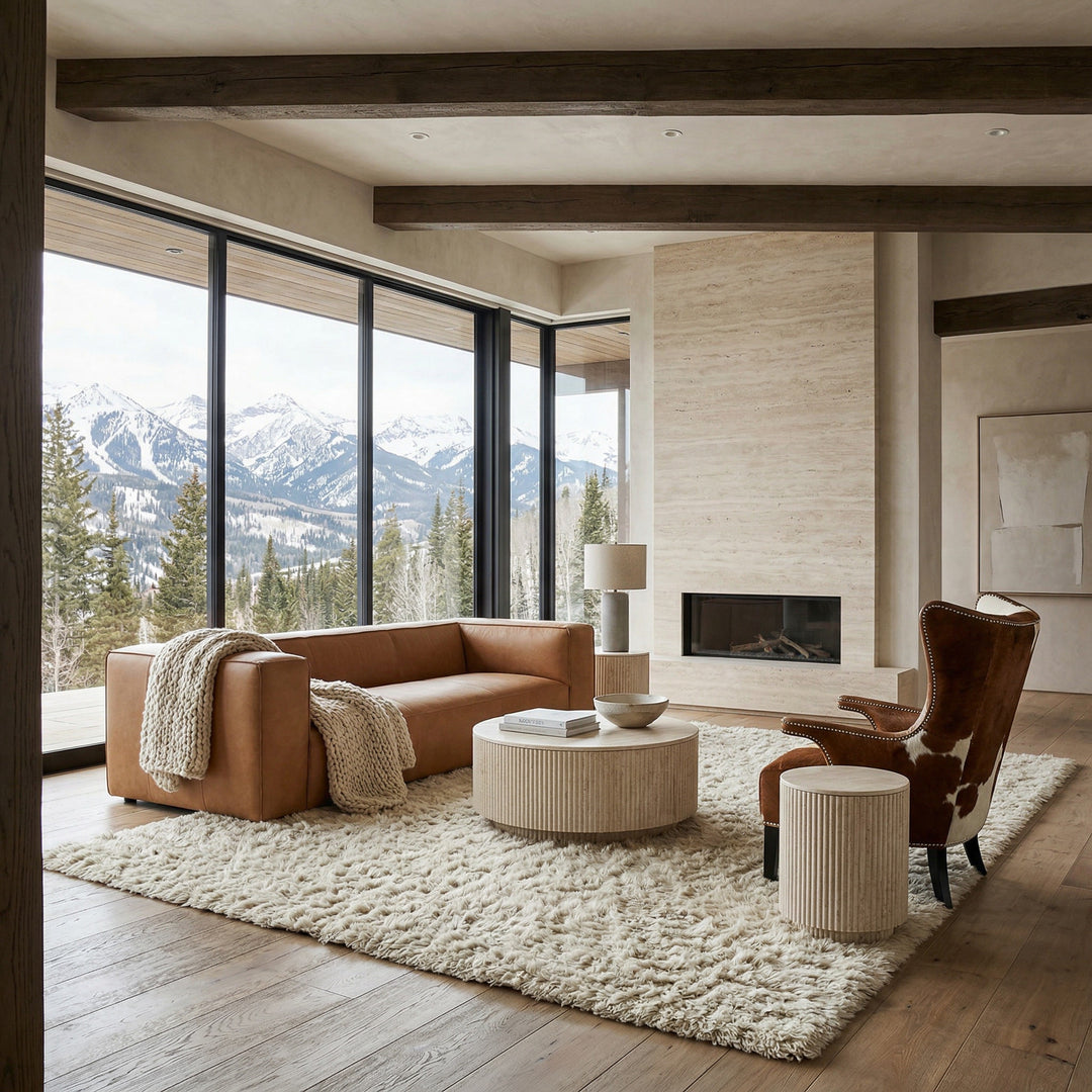 Three-seater Lexington tan leather sofa with plush cushions, paired with a cowhide accent chair in a modern living room setting.