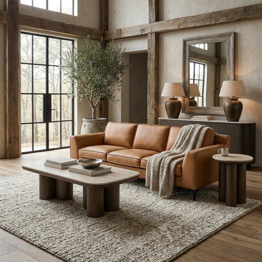 Tan leather Bassett sofa, a 3-seater leather sofa with plush cushions, placed in a modern living room setting.
