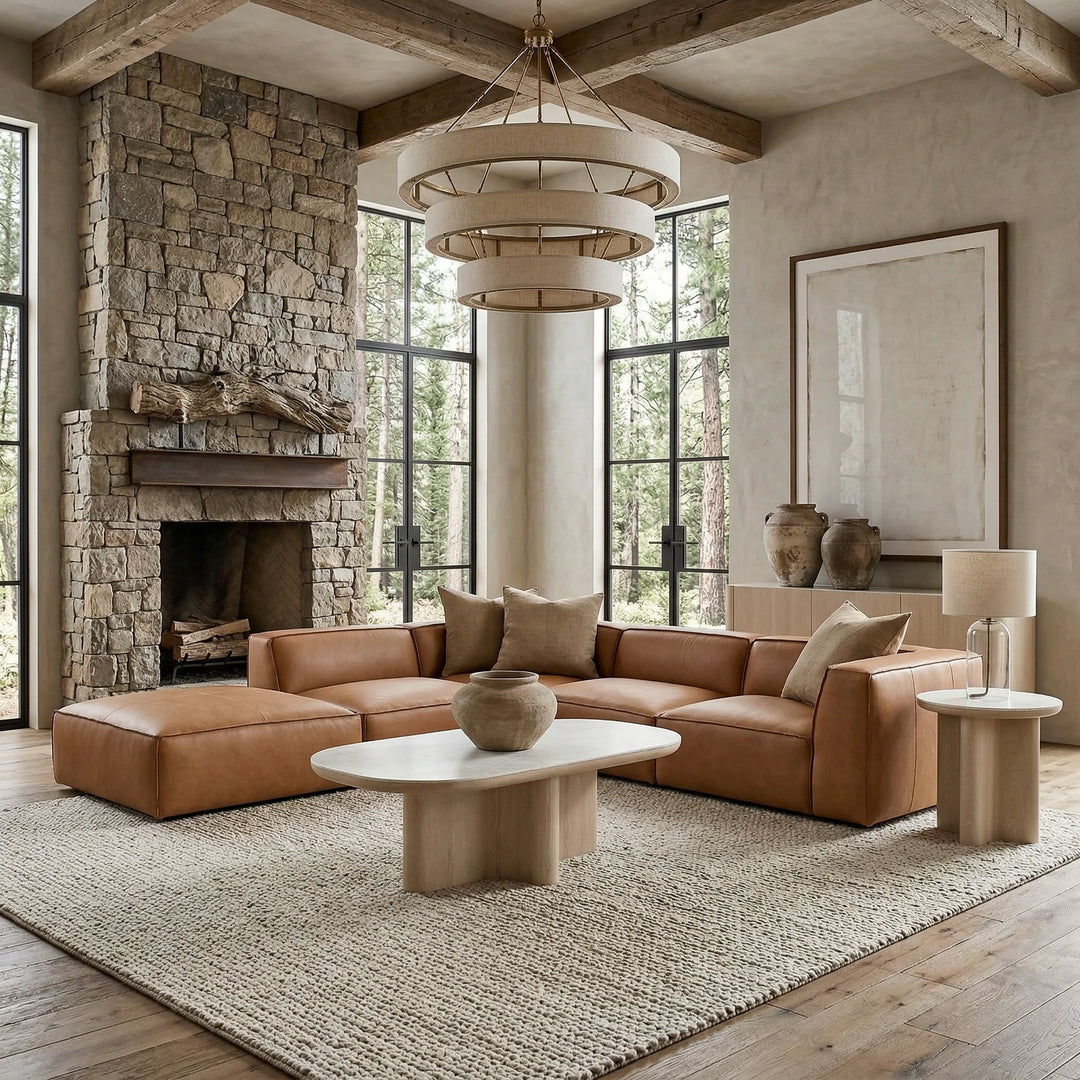 Tan leather Broyhill modular sofa with three seats, modern design, in a stylish living room setting.