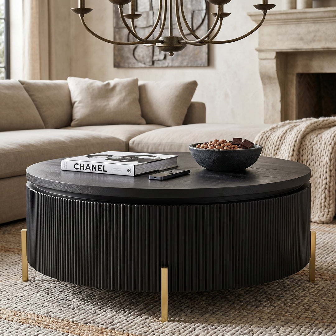 Black oak Como coffee table with sleek, modern design, featuring a smooth surface and sturdy legs in a minimalist style.