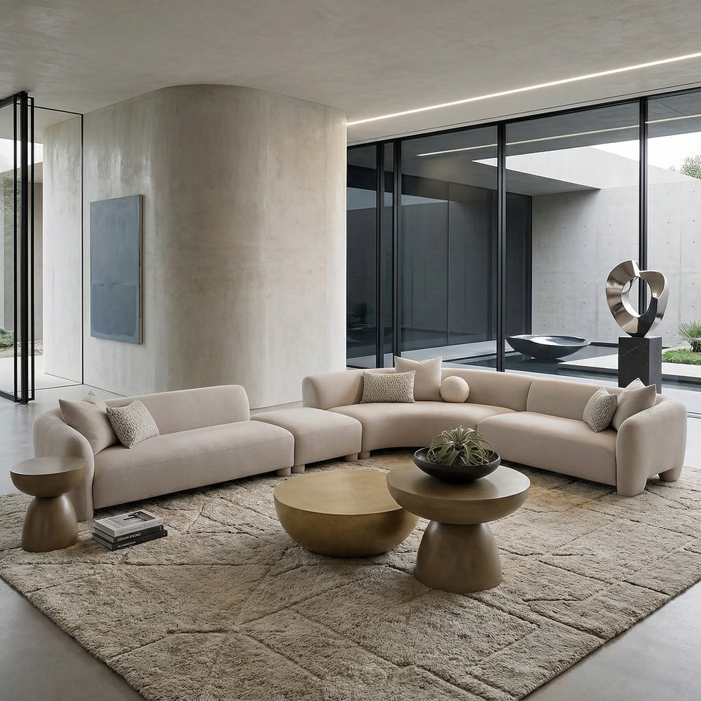 Avalon modular sofa in neutral fabric with matching coffee table, modern living room setup with stylish, comfortable seating.