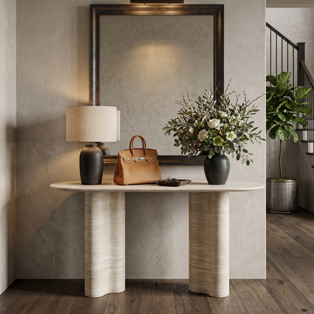Nano banana travertine Paloma console table with sleek rectangular design and natural stone surface, ideal for entryways or living rooms.