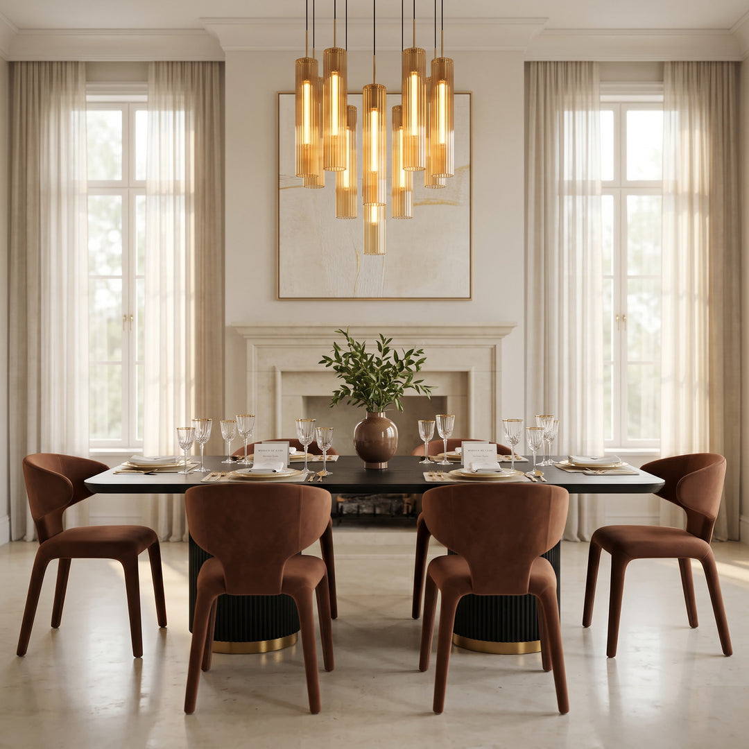 Rectangular Mirabella 2.4m dining table with a sleek surface, ideal for modern dining rooms, shown in a bright, minimalist setting.