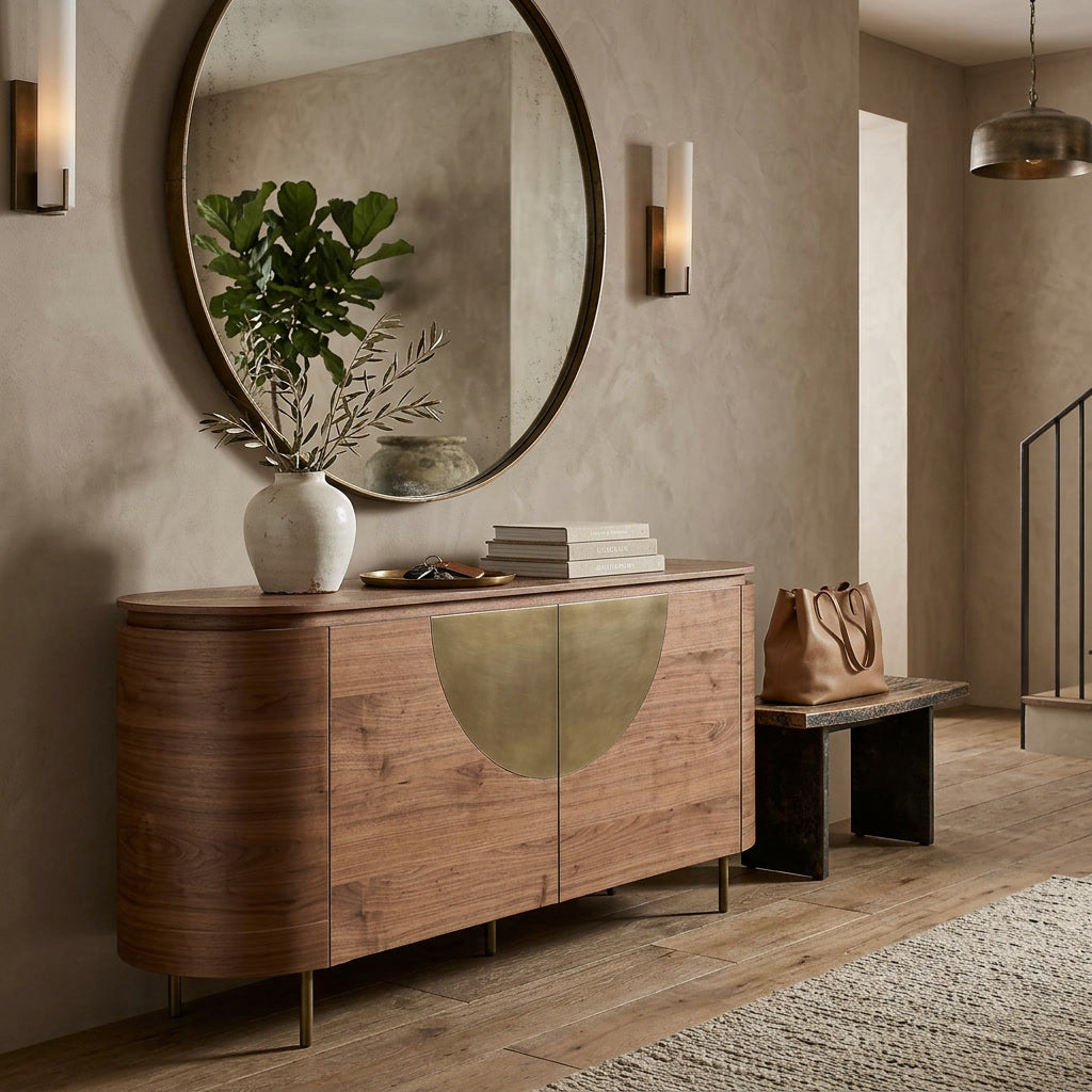 Modern walnut-colored Bellissama sideboard buffet with sleek design and wood finish, featuring multiple storage compartments.