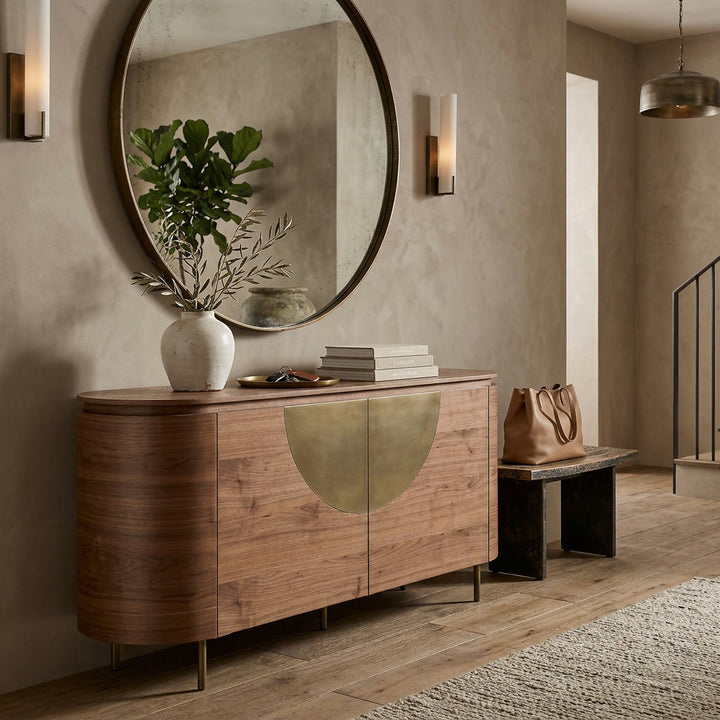 Modern walnut-colored Bellissama sideboard buffet with sleek design and wood finish, featuring multiple storage compartments.