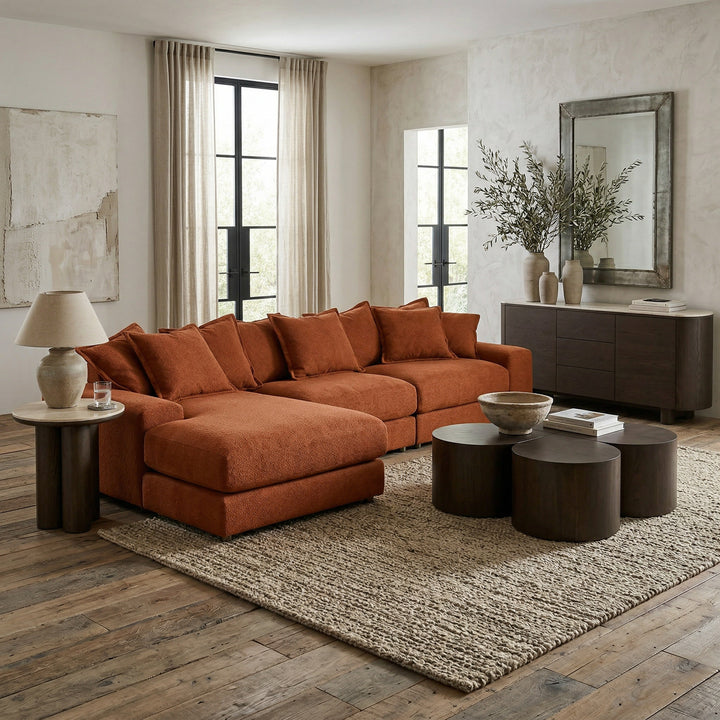 Rust-colored Snuggy Corner Sofa LHF in a living room setting, featuring plush cushions and a modern design.