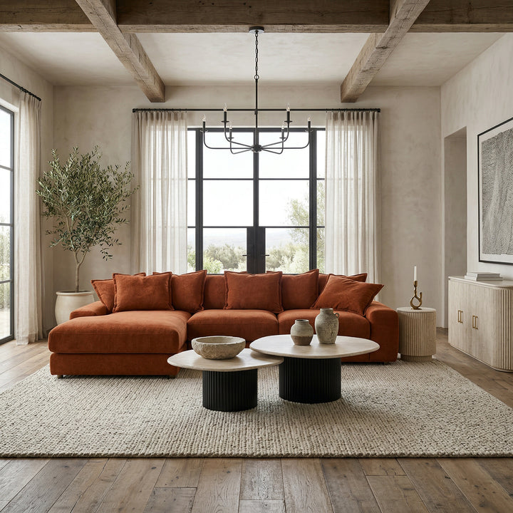 Rust-colored Snuggy Corner Sofa LHF in a modern living room setting with neutral decor and comfortable cushions.