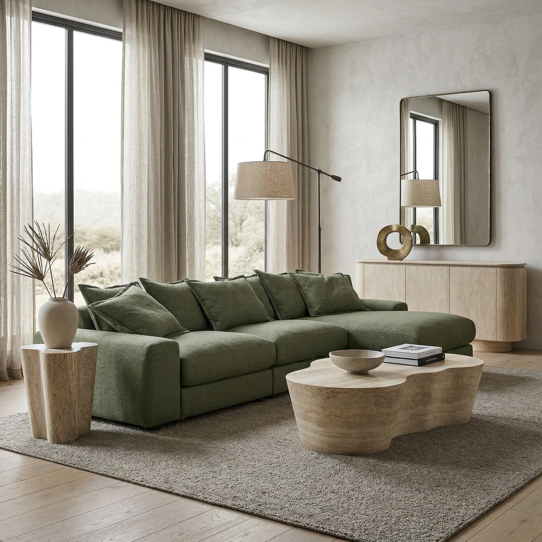 Moss green RHF Snuggy Corner Sofa in a cozy living room with cushions and a modern decor setup.