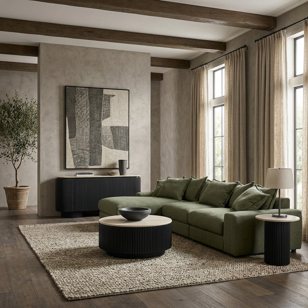 Moss green Snuggy corner sofa LHF in a modern living room with neutral decor and cozy cushions, inspired by RH Furniture style.