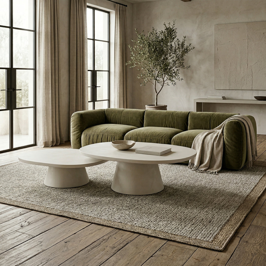 Modern Trieste Long Coffee Table in a living room setting, showcasing sleek design and wooden finish.