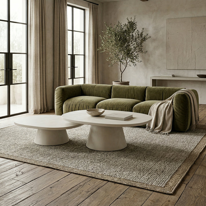 Modern Trieste Long Coffee Table in a living room setting, showcasing sleek design and wooden finish.