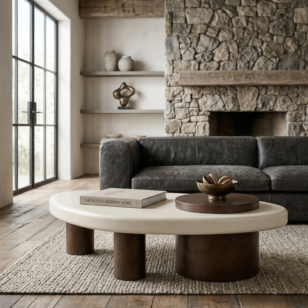 Modern Kythira Coffee Table in a living room setting, featuring a sleek design with a smooth surface and minimalist style.