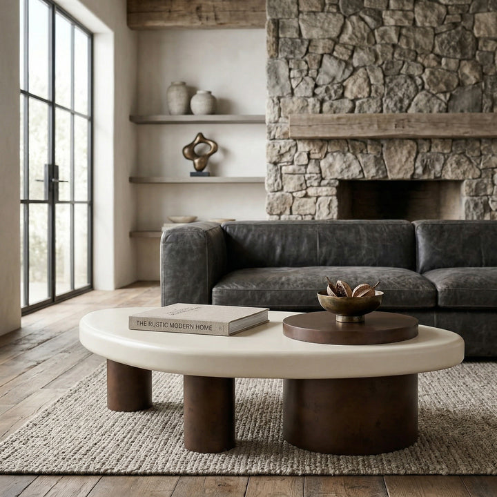 Modern Kythira Coffee Table in a living room setting, featuring a sleek design with a smooth surface and wooden finish.