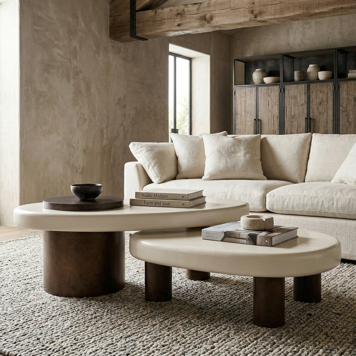 Modern Kythira coffee table in a living room setting, featuring a sleek design and wooden finish for stylish home decor.