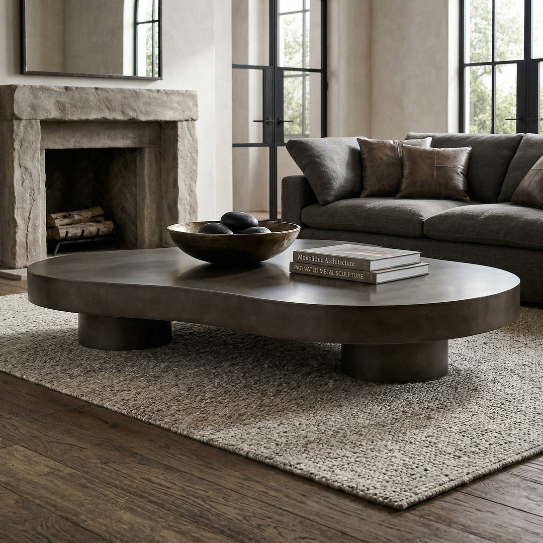 Modern Portia coffee table with a sleek, low-profile design, placed in a contemporary living room setting.