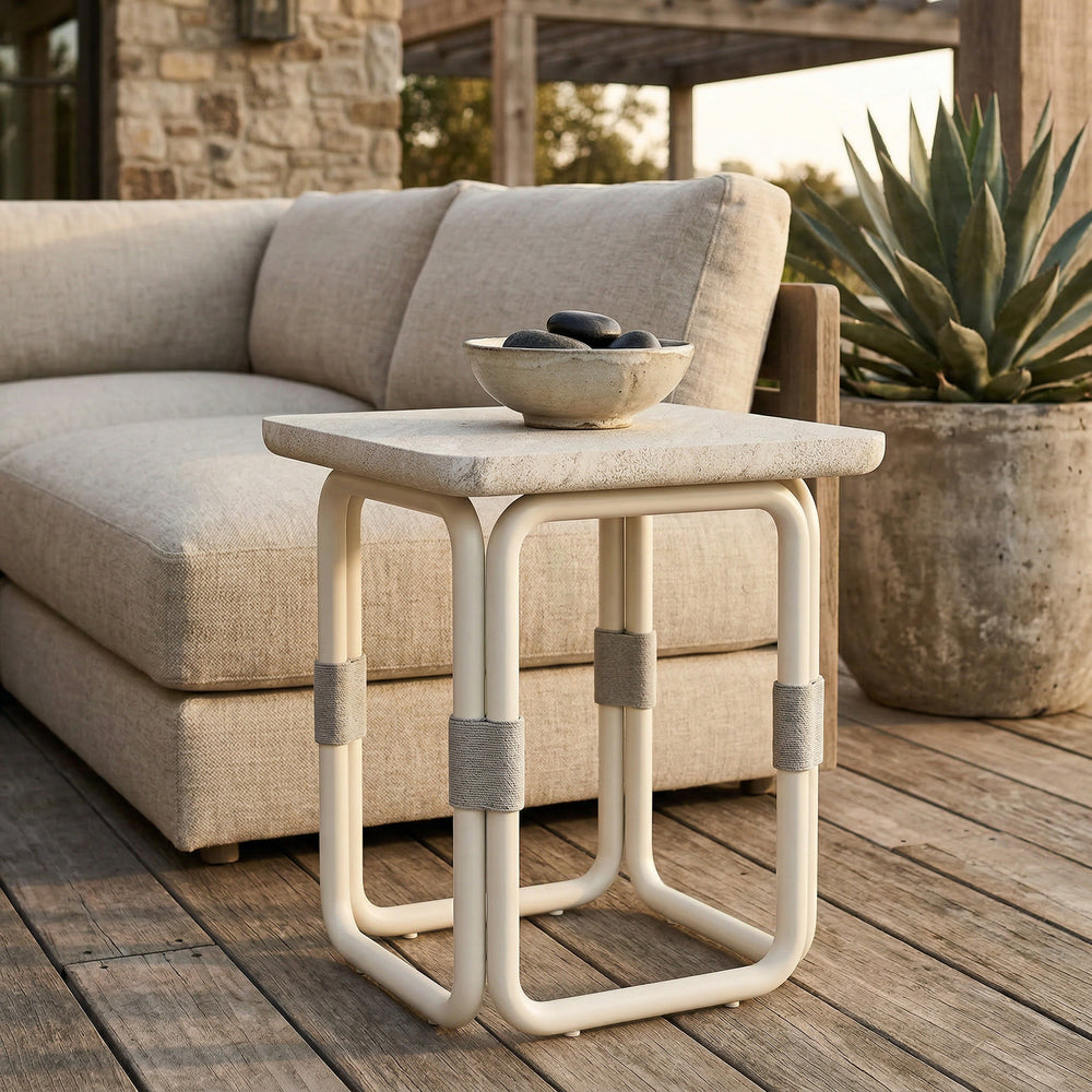 Cream Fiore side table for outdoor patio with a sleek, modern design, perfect for outdoor seating areas and garden settings.