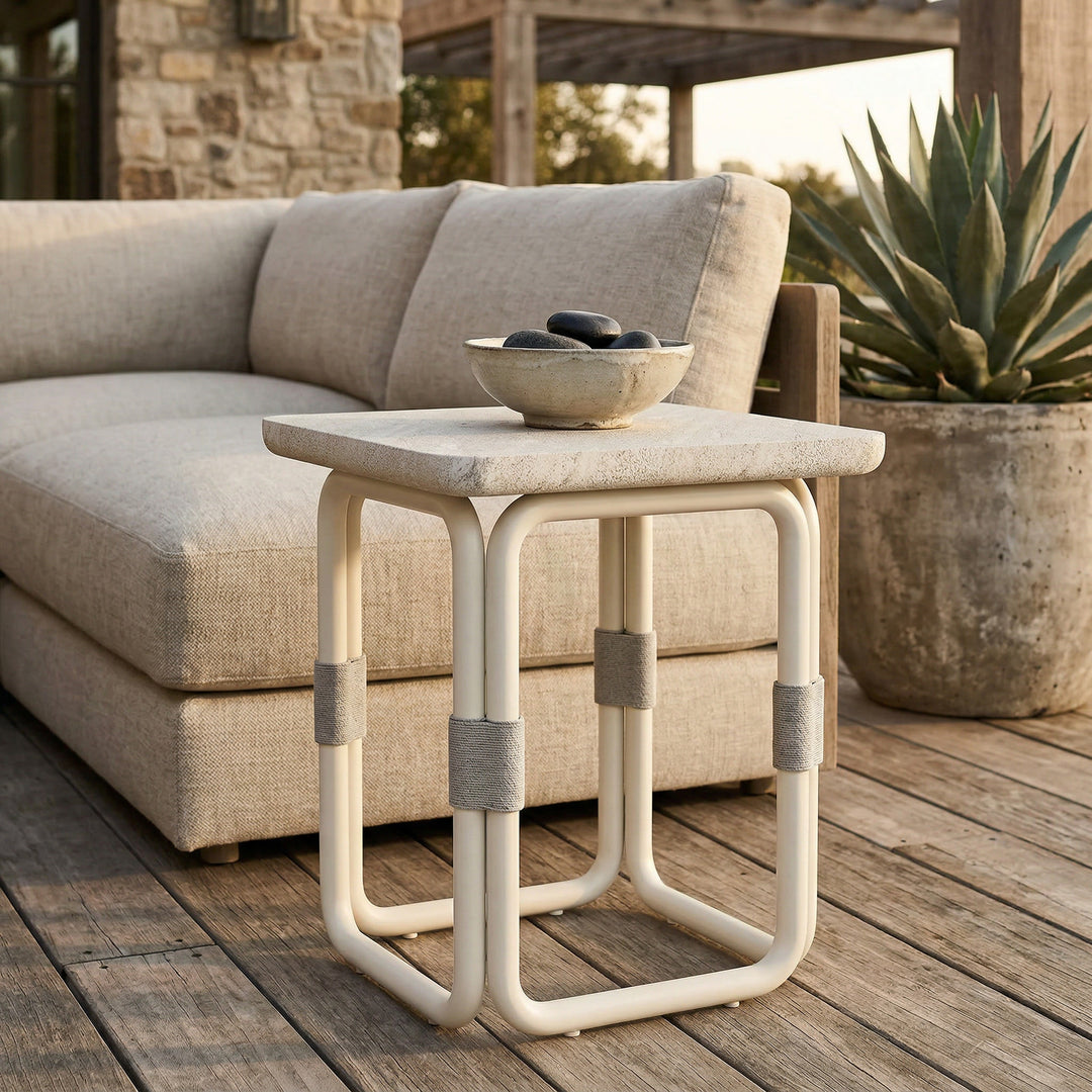 Cream Fiore side table for outdoor patio with a sleek, modern design, perfect for outdoor seating areas and garden settings.