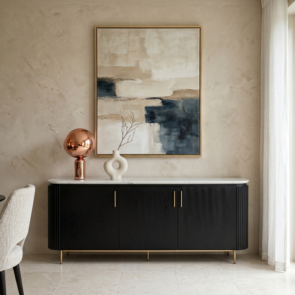 Photorealistic image of Mariella sideboard buffet in warm beige and lime wash finish, modern luxury dining room setting