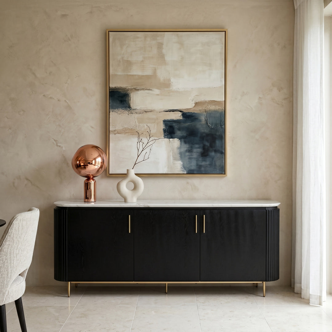 Photorealistic image of Mariella sideboard buffet in warm beige and lime wash finish, modern luxury dining room setting