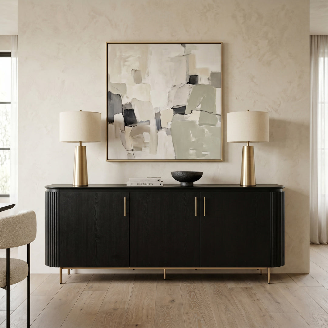 Luxury contemporary Mirabella sideboard buffet in warm cream and lime wash finish, shown in a stylish dining room setting.