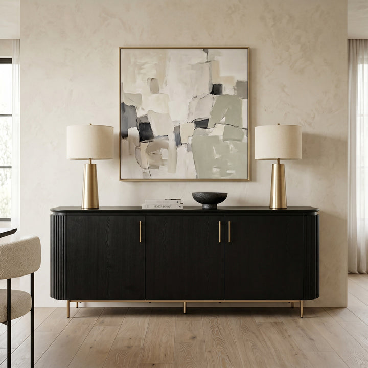 Luxury contemporary Mirabella sideboard buffet in warm cream and lime wash finish, shown in a stylish dining room setting.