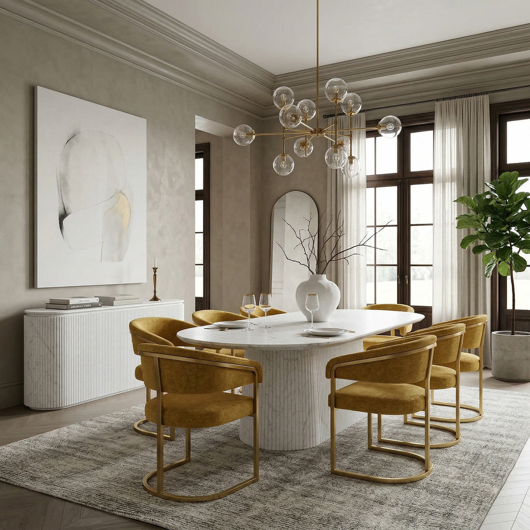 Mustard Gianna dining chair with a modern design, featuring a cushioned seat and sleek legs in a contemporary dining room setting.