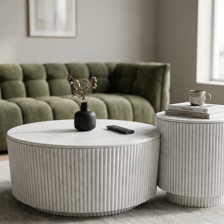 Verona 1.8m marble finish dining table in a modern living room setting with matching coffee and side tables.