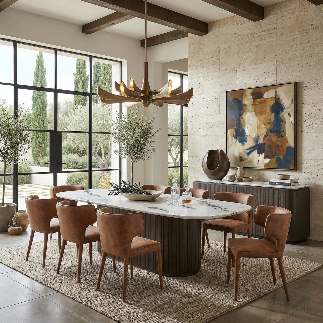 Elegant Bocelli dining table with a marble top in a modern dining room setting, measuring 2.4 meters long.