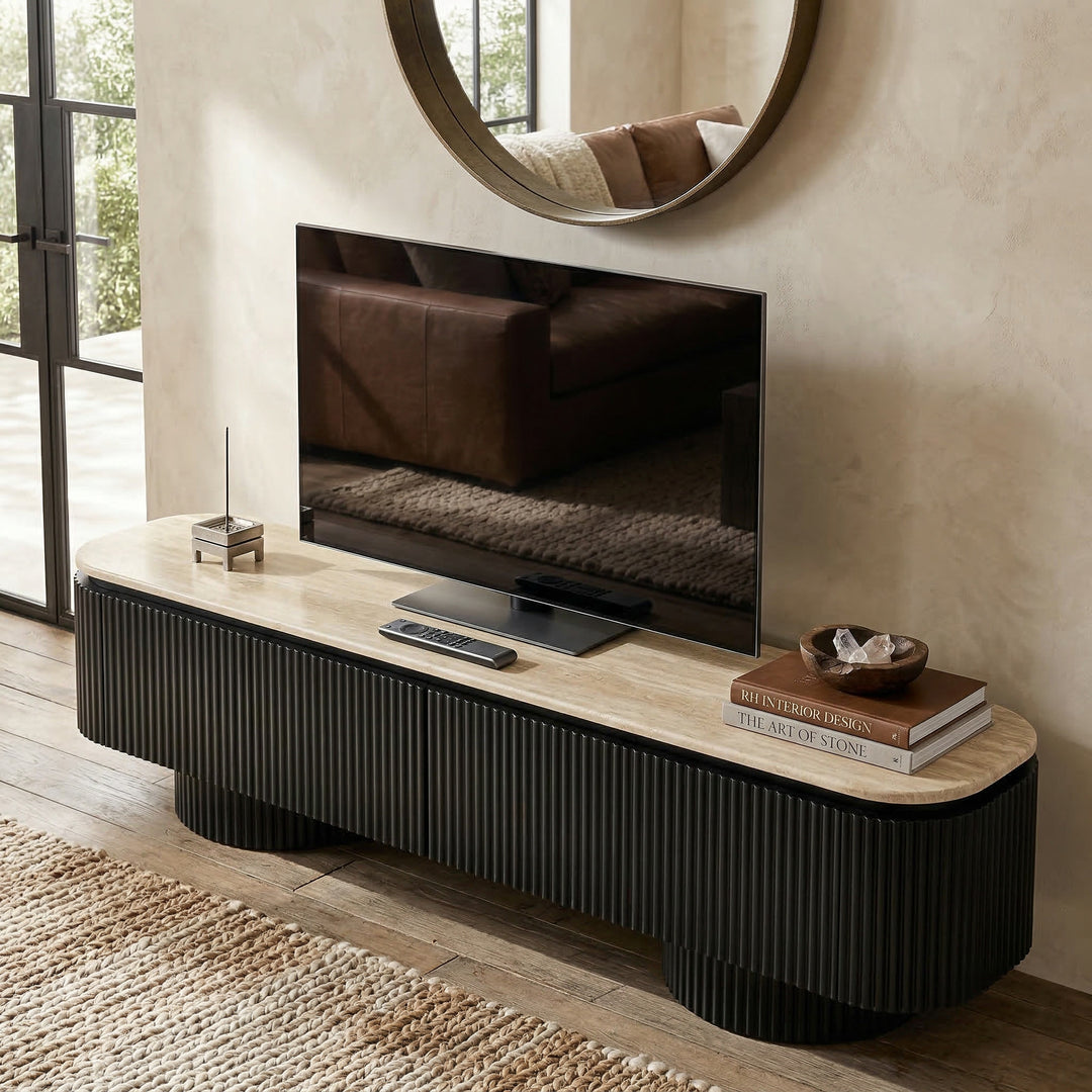 Noosa TV unit placed against a wall with decorative wall art, showcasing its modern entertainment unit design.