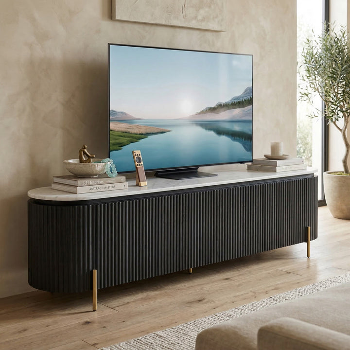 Modern Miami TV unit with sleek design, placed against a wall with decorative accents, ideal for stylish entertainment setups.