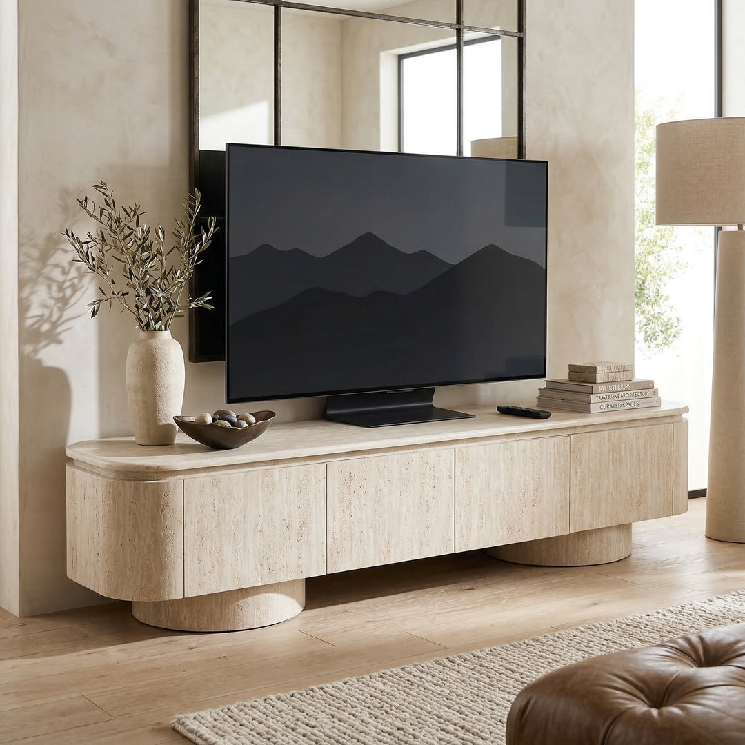 Modern Palm Springs TV unit in a neutral finish, placed against a wall with decorative accents, ideal for entertainment setups.