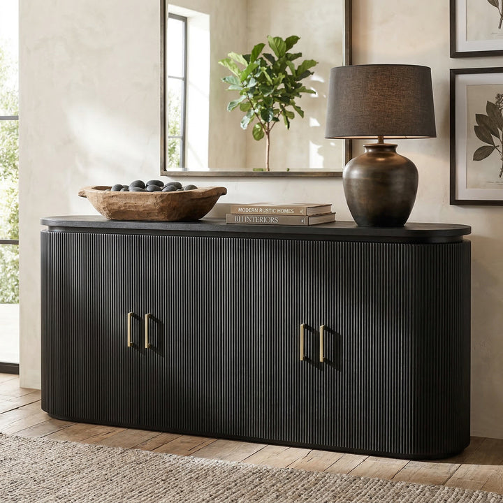 Modern Como Sideboard buffet in wood finish with decorative lamp and wall decor against a wall, showcasing stylish storage.