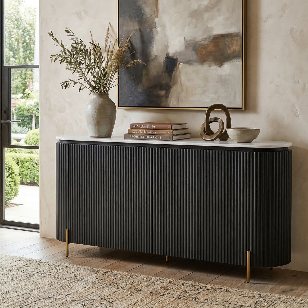 Realistic image of a Miami Sideboard buffet with a sleek marble top finish, showcasing modern storage design and smooth surface.