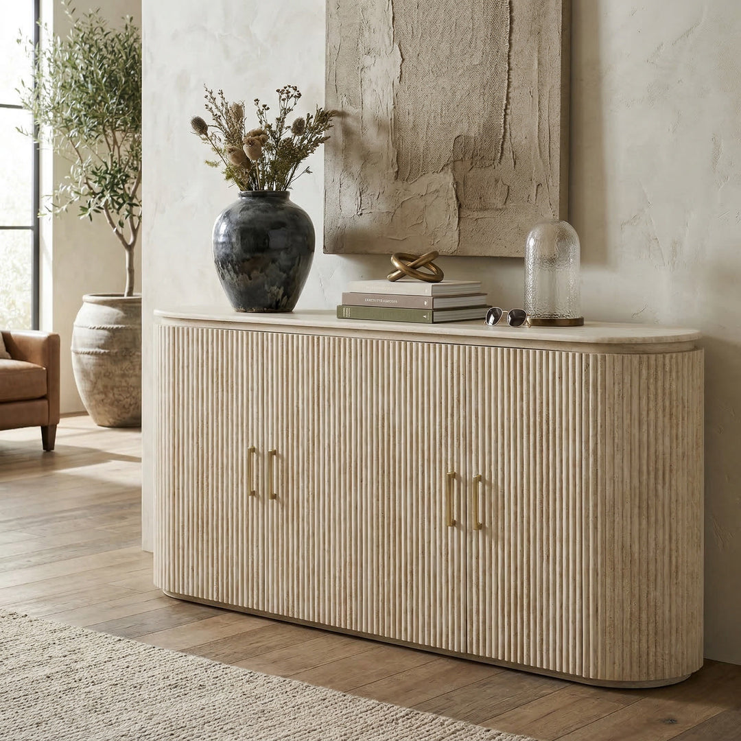 Venice Sideboard buffet with travertine finish, modern design, featuring sleek surfaces and storage drawers in contemporary style.