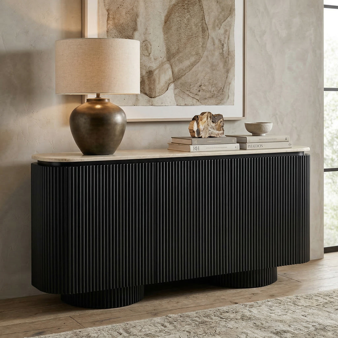 Noosa Sideboard buffet with a marble top, featuring sleek storage drawers and doors, styled against a wall for modern home decor.