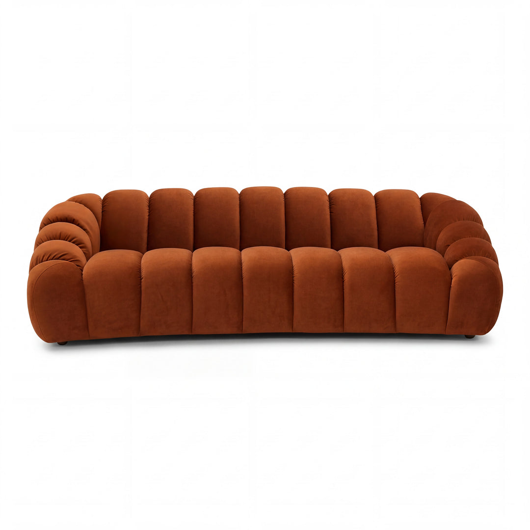 Nico 3-seater sofa in mustard fabric with plush cushions and modern design, shown from a front angle.