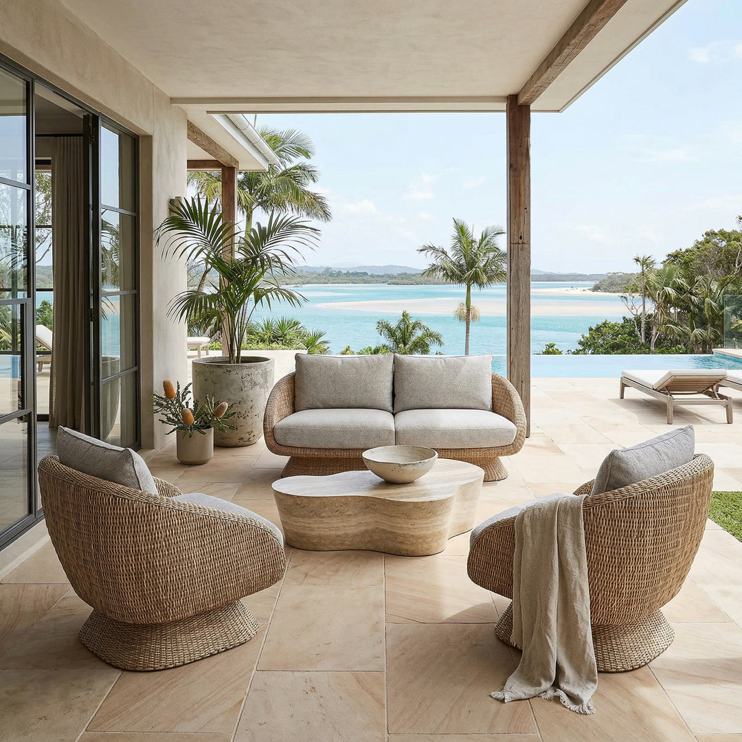 Outdoor Kipos sofa in natural finish with plush cushions, paired with a travertine coffee table for stylish outdoor lounging.