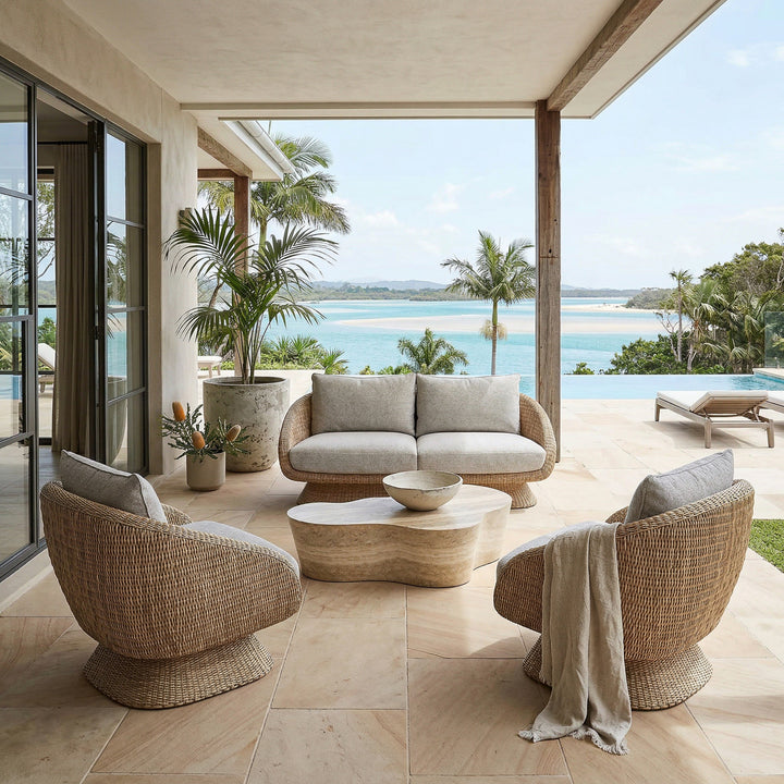 Outdoor Kipos sofa in natural finish with plush cushions, paired with a travertine coffee table for stylish outdoor lounging.