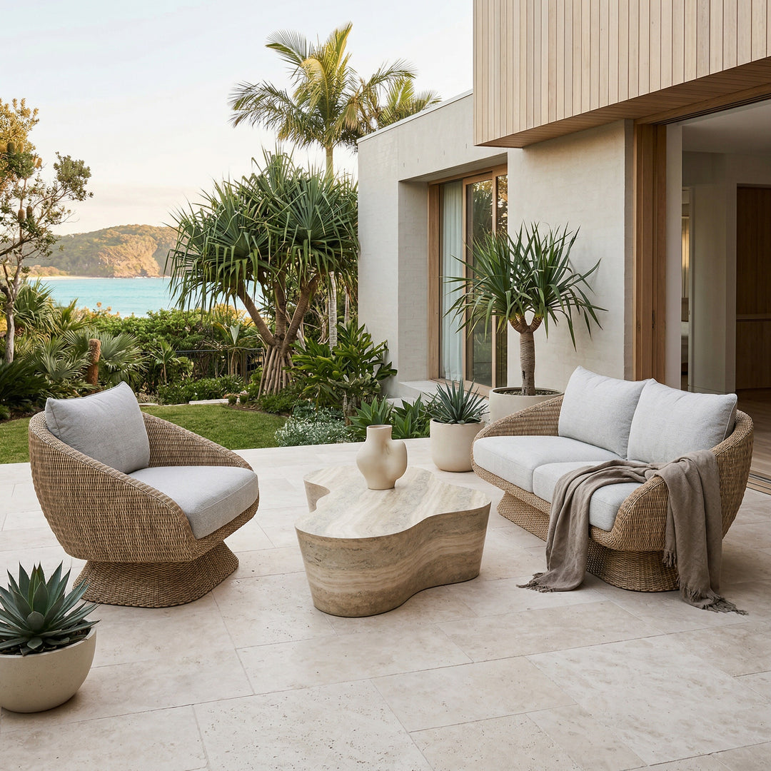 Outdoor Kipos arm chair in natural finish, casual occasional chair with a woven seat and armrests, suitable for patio or garden use.