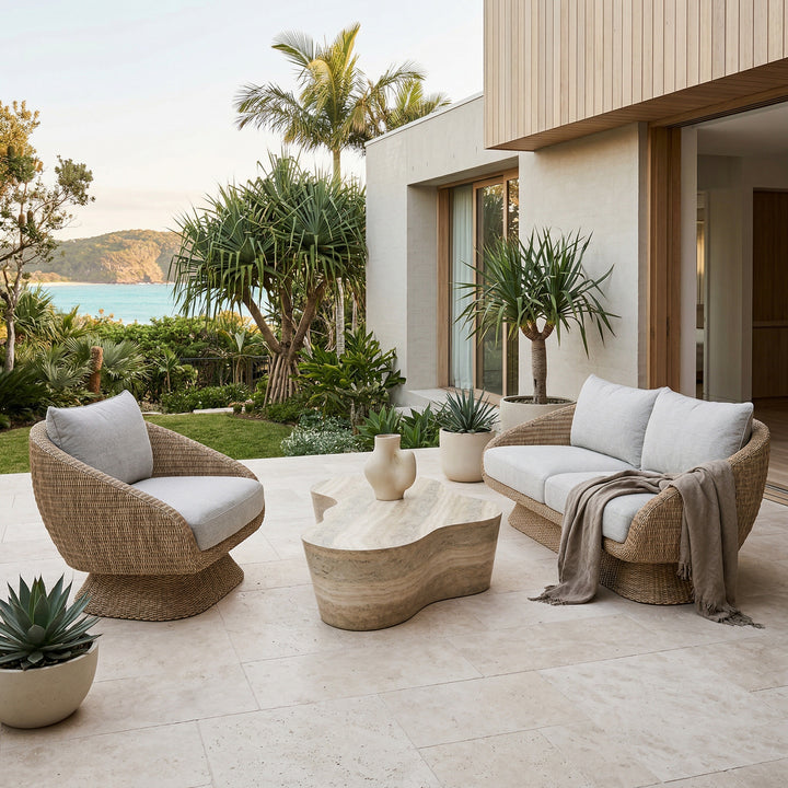 Outdoor Kipos arm chair in natural finish, casual occasional chair with a woven seat and armrests, suitable for patio or garden use.