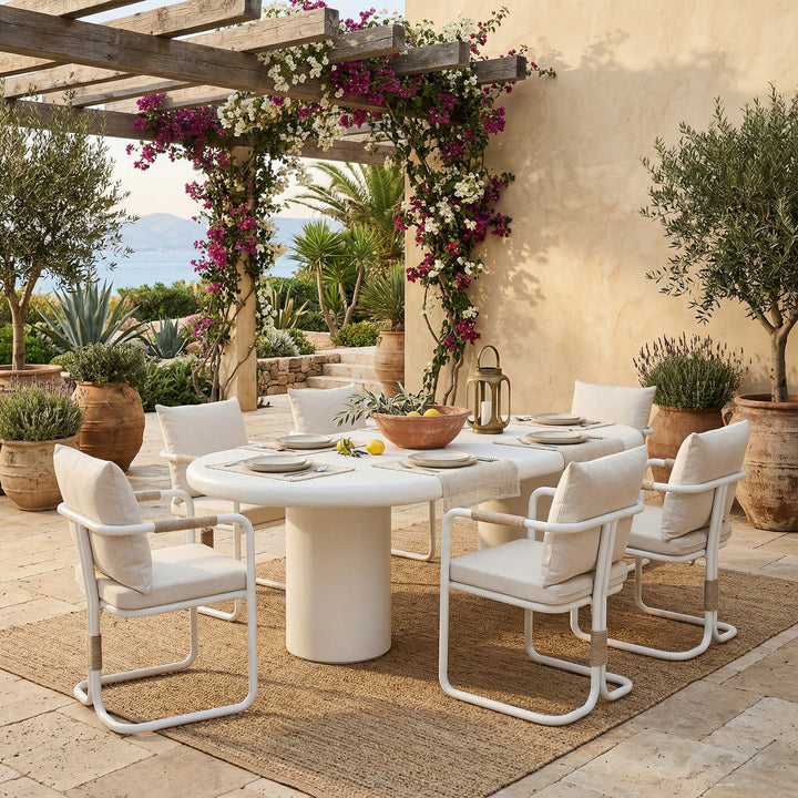 Outdoor Cronulla Dining Table 2m with matching chairs, featuring a modern design and wooden finish for outdoor dining spaces.